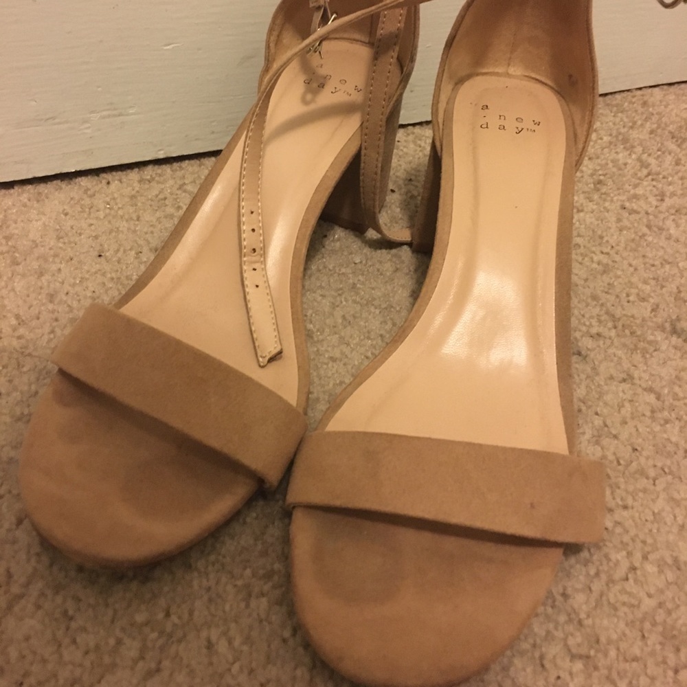 Tan high heels with ankle strap
